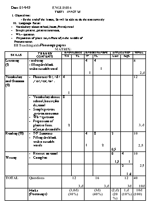 Giáo án Tiếng Anh Lớp 6 - Tiết 25 Kiểm tra 1 tiết - Năm học 2015-2016